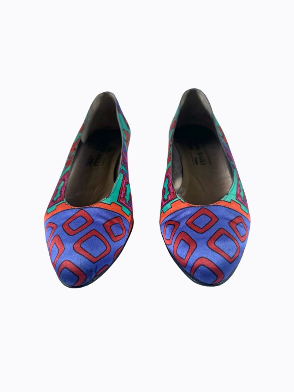 Vtg Bruno Magli Block Heels 7.5 Satin Abstract Purple Pink Italy Vero Cuoio 90s - Picture 5 of 9